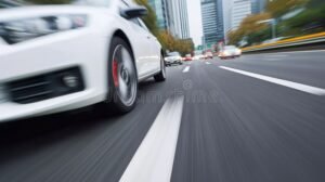 auto moderno conduciendo en carretera urbana