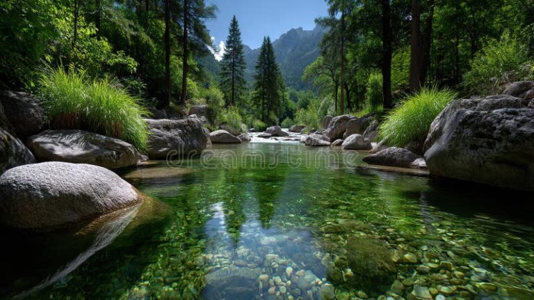 bosque verde con rio cristalino brillante