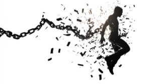 cadenas rotas y siluetas desapareciendo en sombras