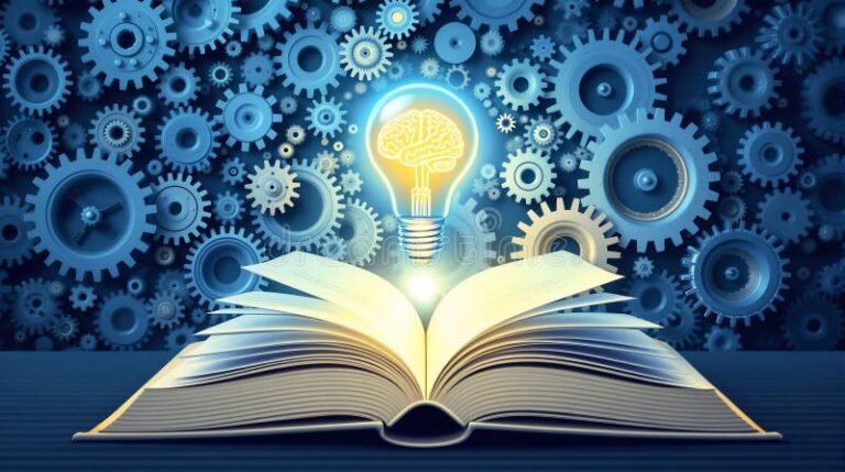 cerebro con luz y libros cientificos abiertos