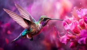 colibri alimentandose de flores coloridas