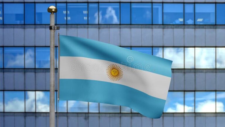 edificio corporativo moderno con banderas argentinas