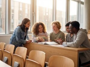 estudiantes felices en aula moderna y luminosa