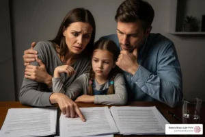 familia preocupada con documentos legales hogar