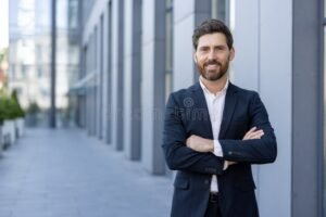 hombre de negocios exitoso sonriendo afuera oficina