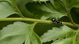 hormigas negras caminando sobre hojas verdes