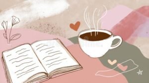 ilustracion libros y taza de cafe abierta