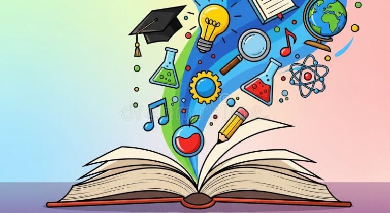 libro abierto con simbolos de conocimiento flotando