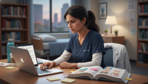 licenciada en obstetricia estudiando libros y laptop