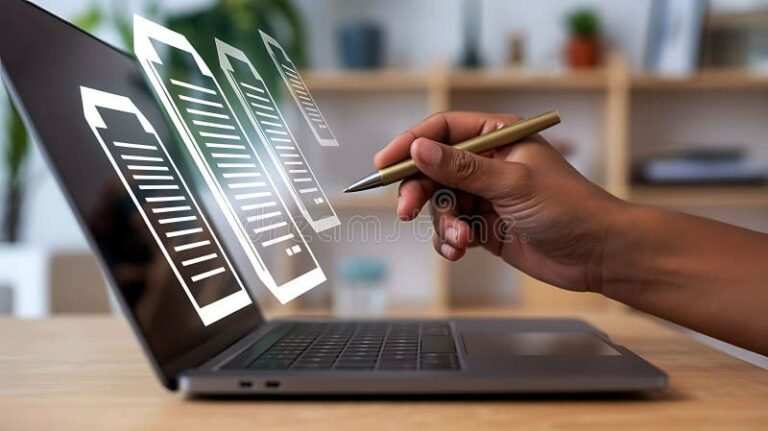 mano firmando documento digital con laptop