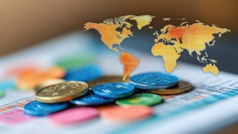 mapa mundial con monedas superpuestas
