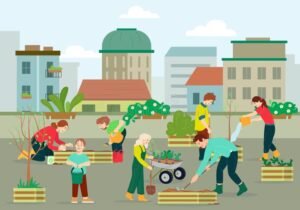 naturaleza ciudad y personas trabajando juntas