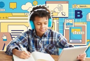 ninos aprendiendo con libros y pantallas educativas