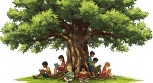 ninos leyendo libros debajo de un arbol
