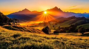 paisaje amanecer sobre montana con luz solar