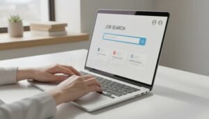 persona buscando empleo en computadora portatil