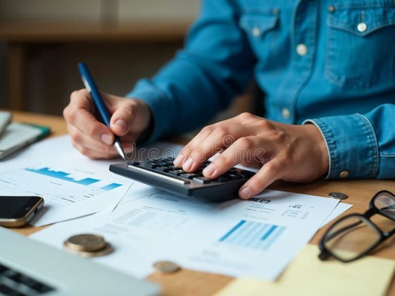persona calculando finanzas con calculadora y papel