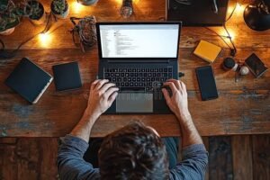 persona escribiendo en computadora con libros abiertos 1