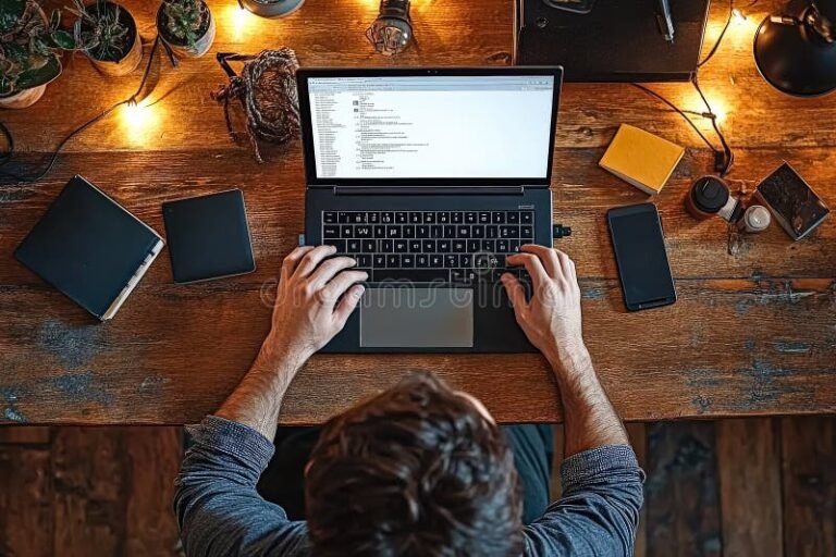 persona escribiendo en computadora con libros abiertos 1