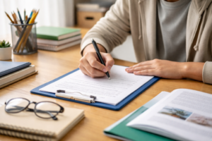 persona escribiendo una carta en escritorio ordenado