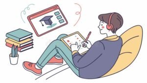 persona estudiando relajada con libros y laptop