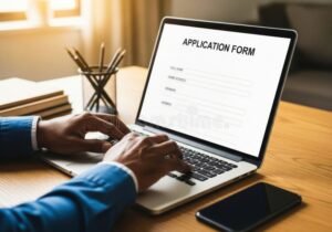 persona llenando formulario con computadora portatil