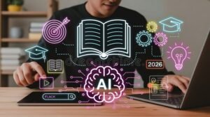 persona trabajando en computadora con graficos educativos