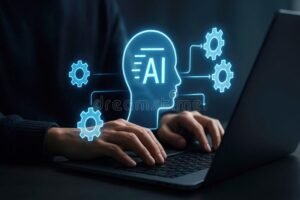 persona usando computadora con graficos claros