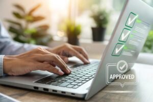 persona usando computadora con sello digital visible