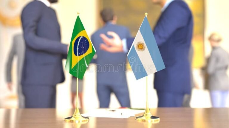 personas conversando con banderas argentina y brasilena