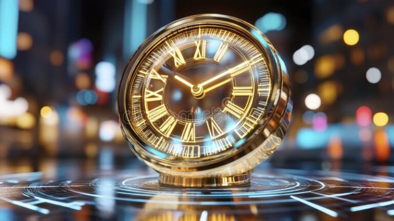 reloj futurista con fondo de ciudad iluminada