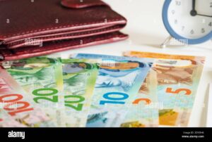 reloj y billetes argentinos sobre escritorio