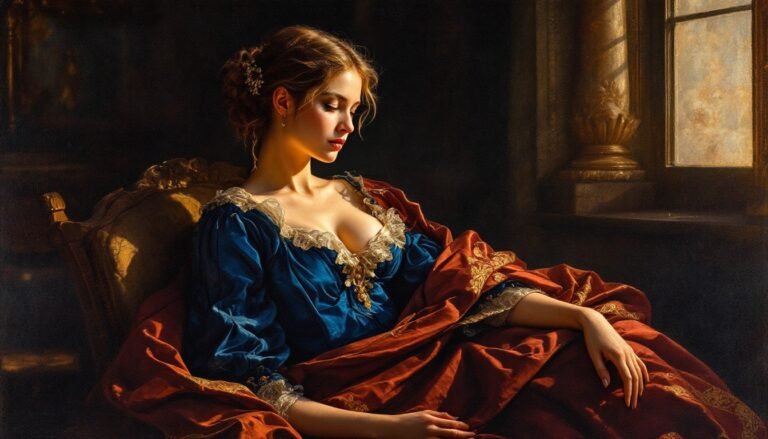 retrato barroco de mujer pensativa en interiores