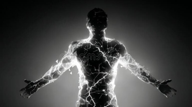 silhouette with glowing cracks healing light