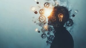 silueta cabeza con engranajes y luz brillante