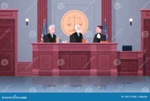 tribunal y juez en sala judicial moderna