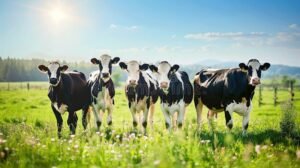 vacas pastando en campo verde saludable