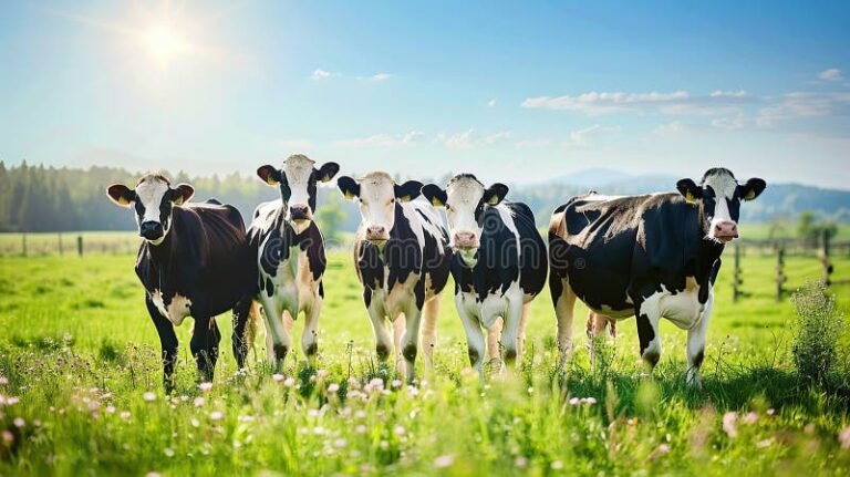 vacas pastando en campo verde saludable