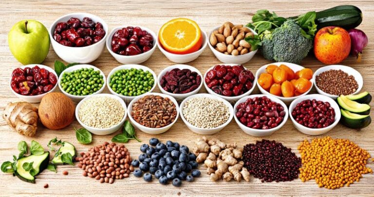 variedad de granos integrales y verduras frescas